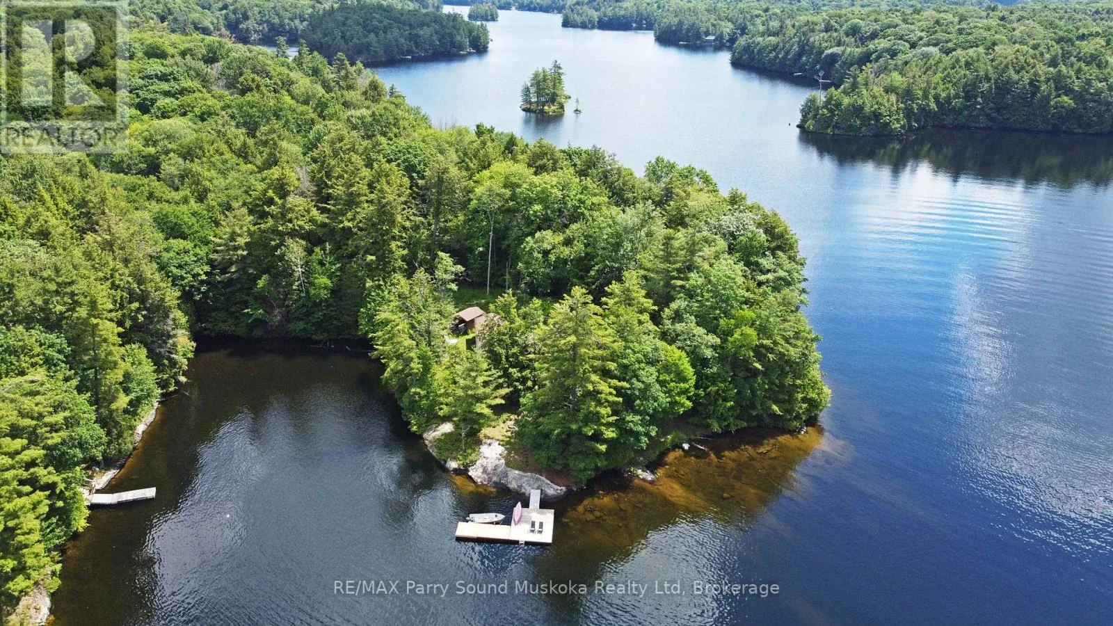 Aerial view of the wooded Crane Lake property and surrounding water